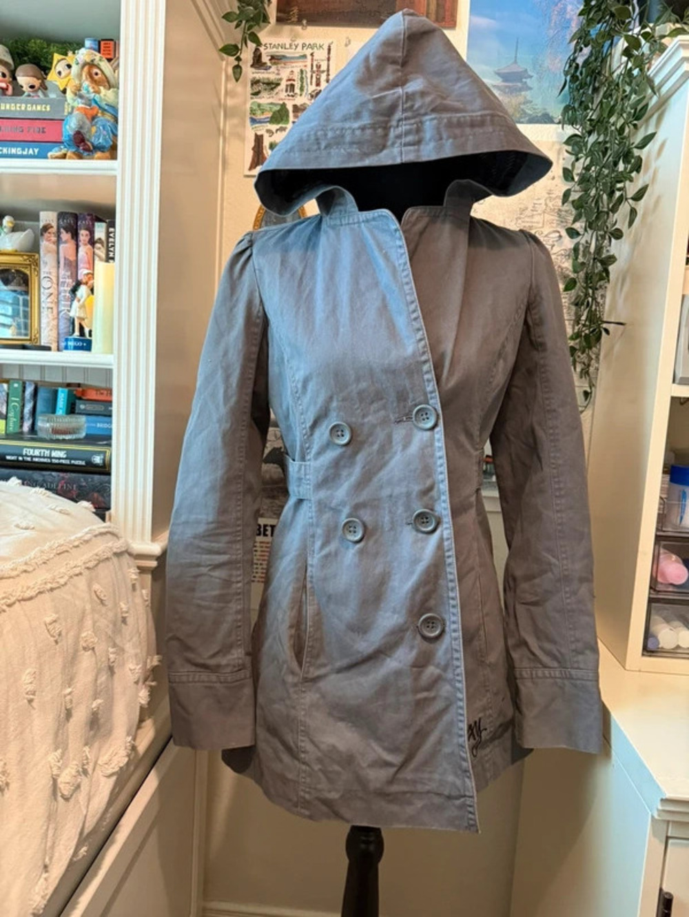 Roxy Gray Hooded Double Breasted Cotton Trench Coat Jacket Size S
